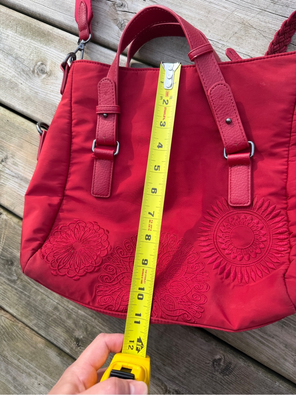 Desigual Red Embroidered Nylon Tote Bag Crossbody Purse Convertible - Picture 5 of 16
